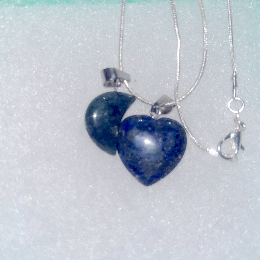 Boho Hippie Blue Lapis Lazuli Heart And Green Jasper Moon Silver Neckl